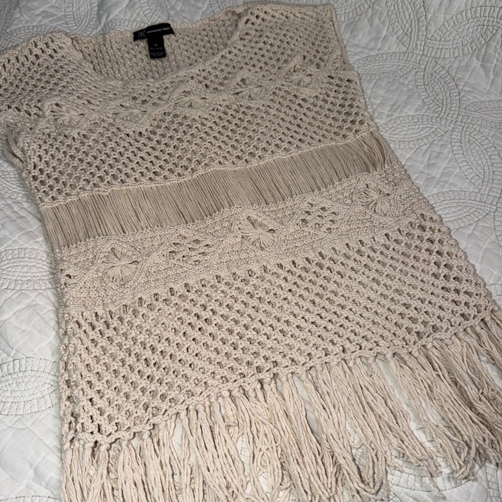 INC Beige Crochet Cap Sleeve Boho‎ Beach Hippie Summer Festival Top Size Medium